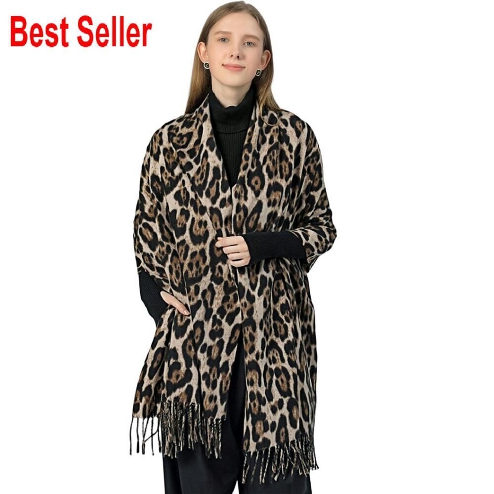 Oversized Faux Cashmere Scarf Shawl Wrap Winter Blanket Leopard Print Chic